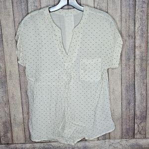 Short Sleeve V-neck Blouse with Embroidered Detail Large White Tan Lightweight